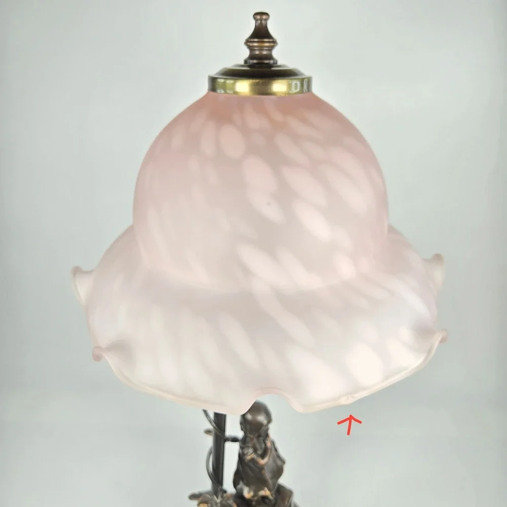 Vintage Juan Clara Bronze Statue Girl on Chair Table Lamp Pink Frost Glass Shade